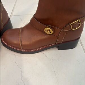 Coach Brown Leather Ankle Boots with Gold Buckle